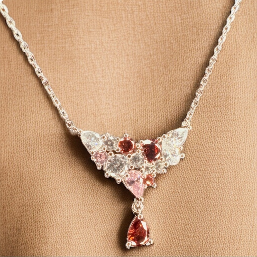 NEW Fancy Ruby, Pink & White High Carbon Diamond Simulant Cluster Necklace